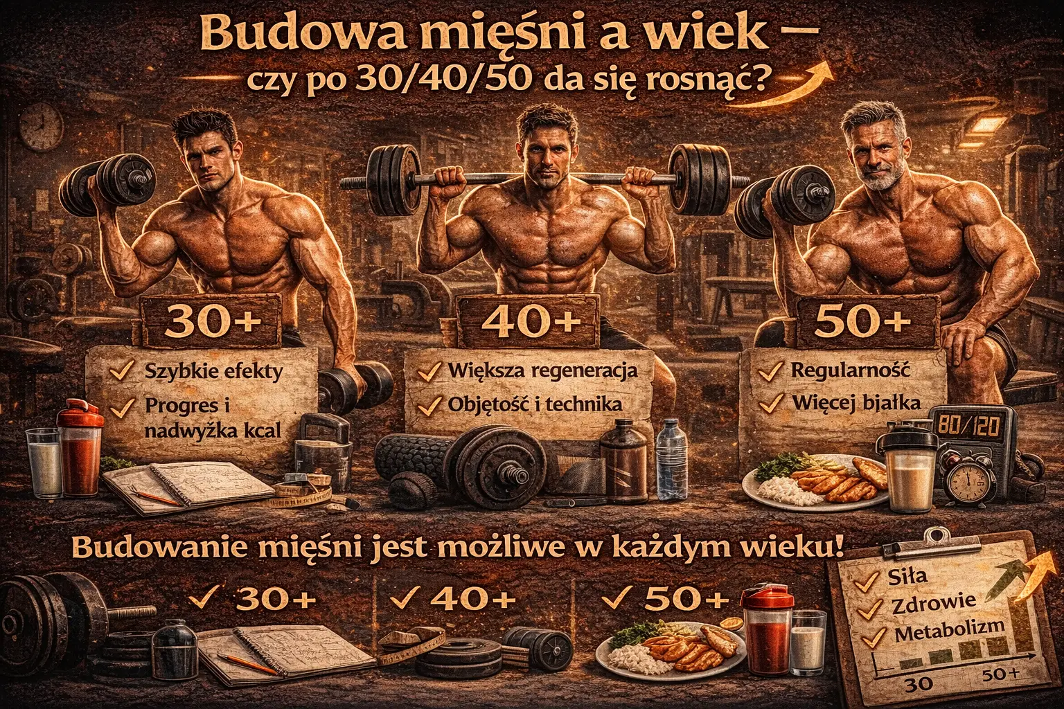 Infografika przedstawiająca budowę mięśni a wiek – porównanie możliwości rozwoju sylwetki po 30, 40 i 50 roku życia oraz kluczowe elementy treningu, diety i regeneracji.
