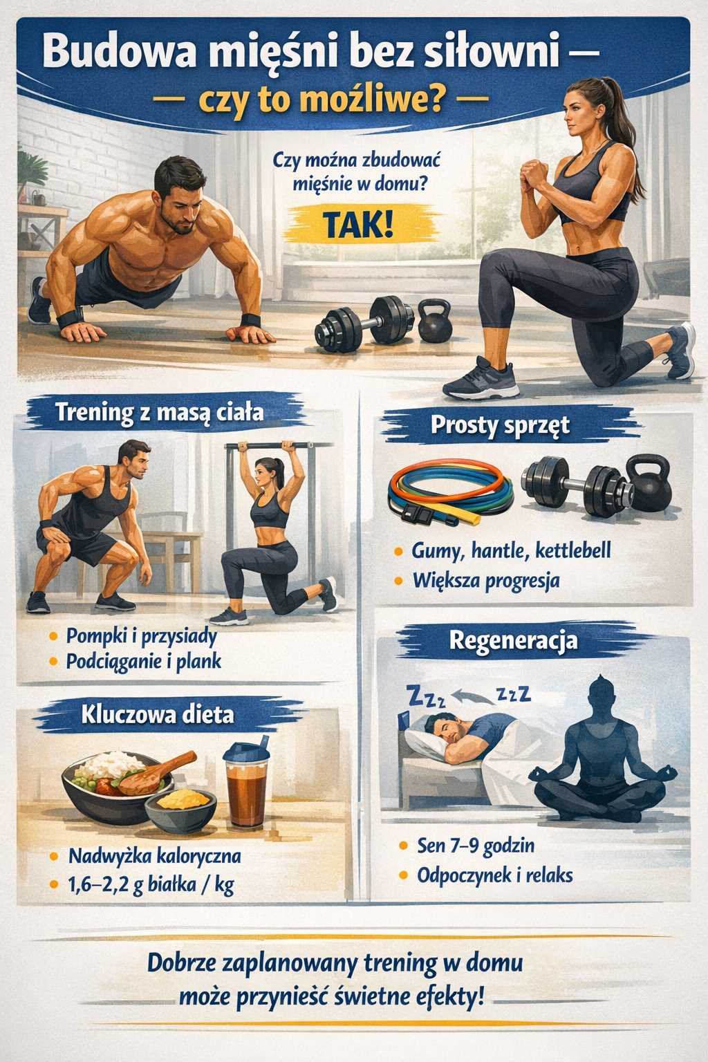 Infografika pokazująca, że budowa mięśni bez siłowni jest możliwa – przedstawia trening z masą ciała, prosty sprzęt domowy, znaczenie diety z nadwyżką kaloryczną oraz rolę regeneracji i snu.