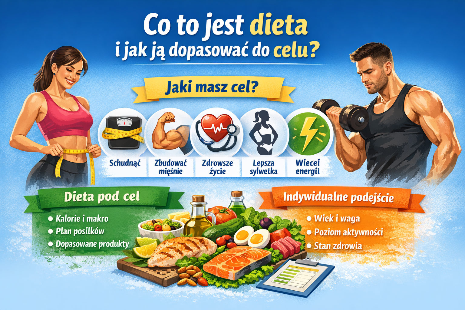 Infografika przedstawiająca kobietę mierzącą obwód talii i mężczyznę trenującego z hantlami oraz hasło „Co to jest dieta i jak ją dopasować do celu”, z ikonami symbolizującymi odchudzanie, budowę mięśni, zdrowie i energię.