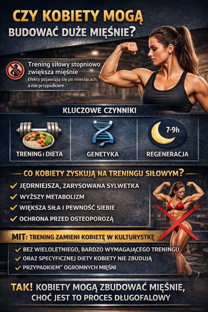 Infografika wyjaśniająca, czy kobiety mogą budować duże mięśnie – przedstawia rolę treningu siłowego, diety, genetyki i regeneracji oraz obala mit nadmiernego umięśnienia u kobiet.