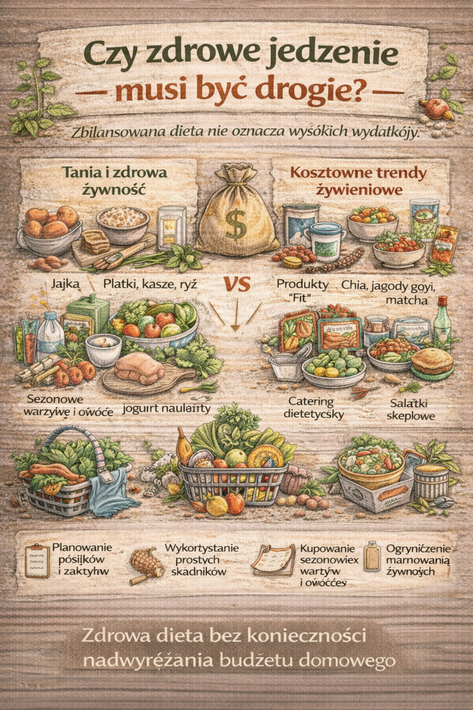 Infografika porównująca tanie i zdrowe produkty spożywcze z kosztownymi trendami żywieniowymi, pokazująca że zdrowa dieta nie musi być droga oraz zawierająca wskazówki dotyczące planowania zakupów i ograniczania marnowania żywności.