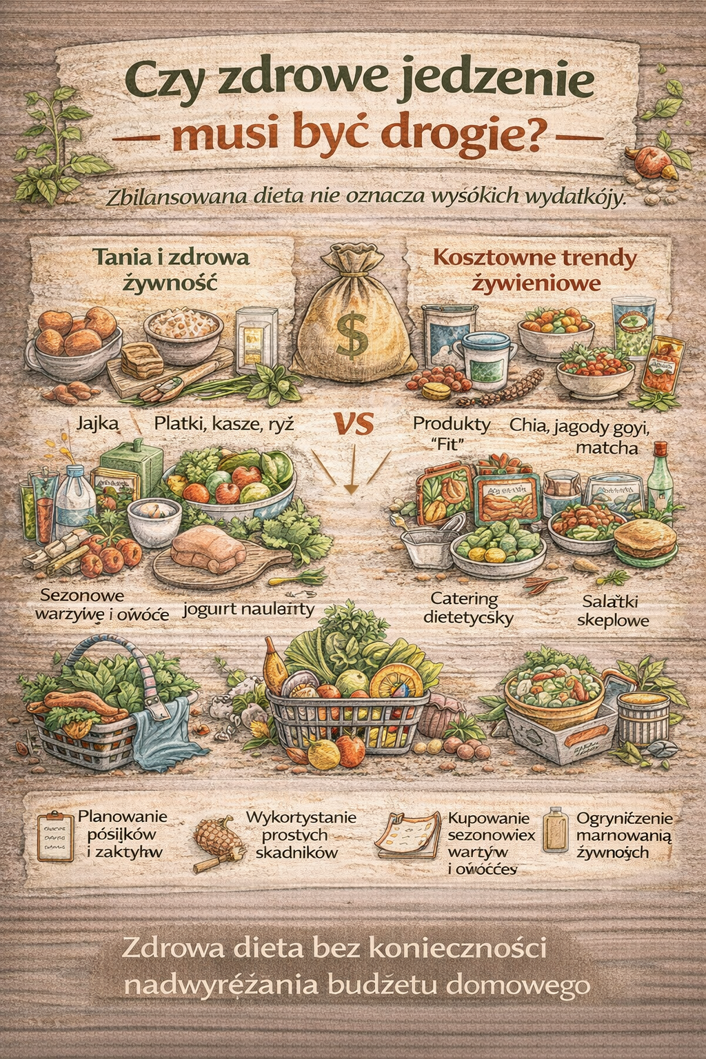 Infografika porównująca tanie i zdrowe produkty spożywcze z kosztownymi trendami żywieniowymi, pokazująca że zdrowa dieta nie musi być droga oraz zawierająca wskazówki dotyczące planowania zakupów i ograniczania marnowania żywności.