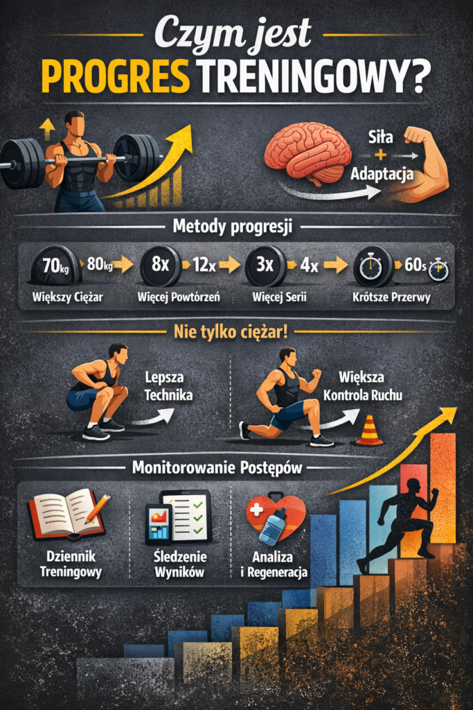 Czym jest progres treningowy – infografika pokazująca metody progresji, takie jak zwiększanie ciężaru, liczby powtórzeń i serii, poprawa techniki oraz monitorowanie postępów w treningu