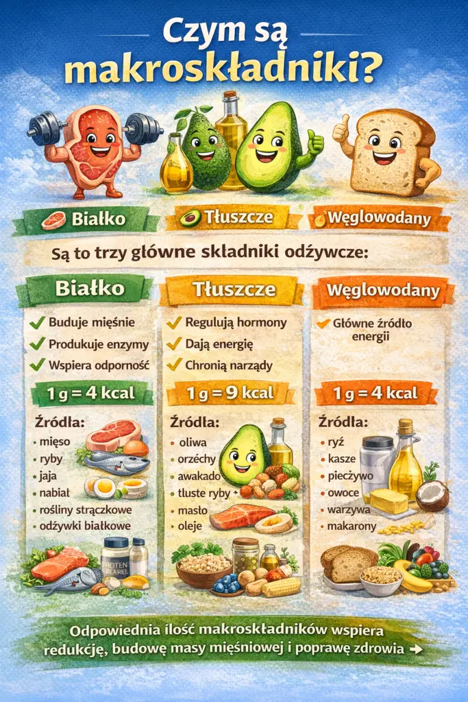 Infografika wyjaśniająca czym są makroskładniki – podział na białko, tłuszcze i węglowodany, ich funkcje w organizmie, kaloryczność 1 g oraz przykładowe źródła w diecie.