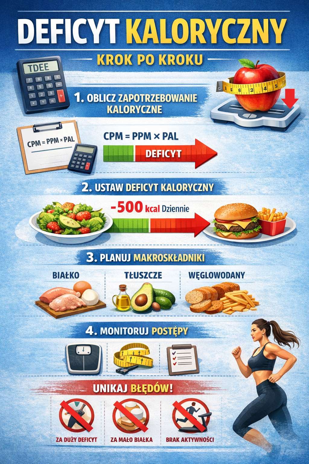Infografika przedstawiająca deficyt kaloryczny krok po kroku – obliczenie zapotrzebowania CPM, ustawienie deficytu kalorii, planowanie makroskładników oraz monitorowanie postępów przy redukcji masy ciała.