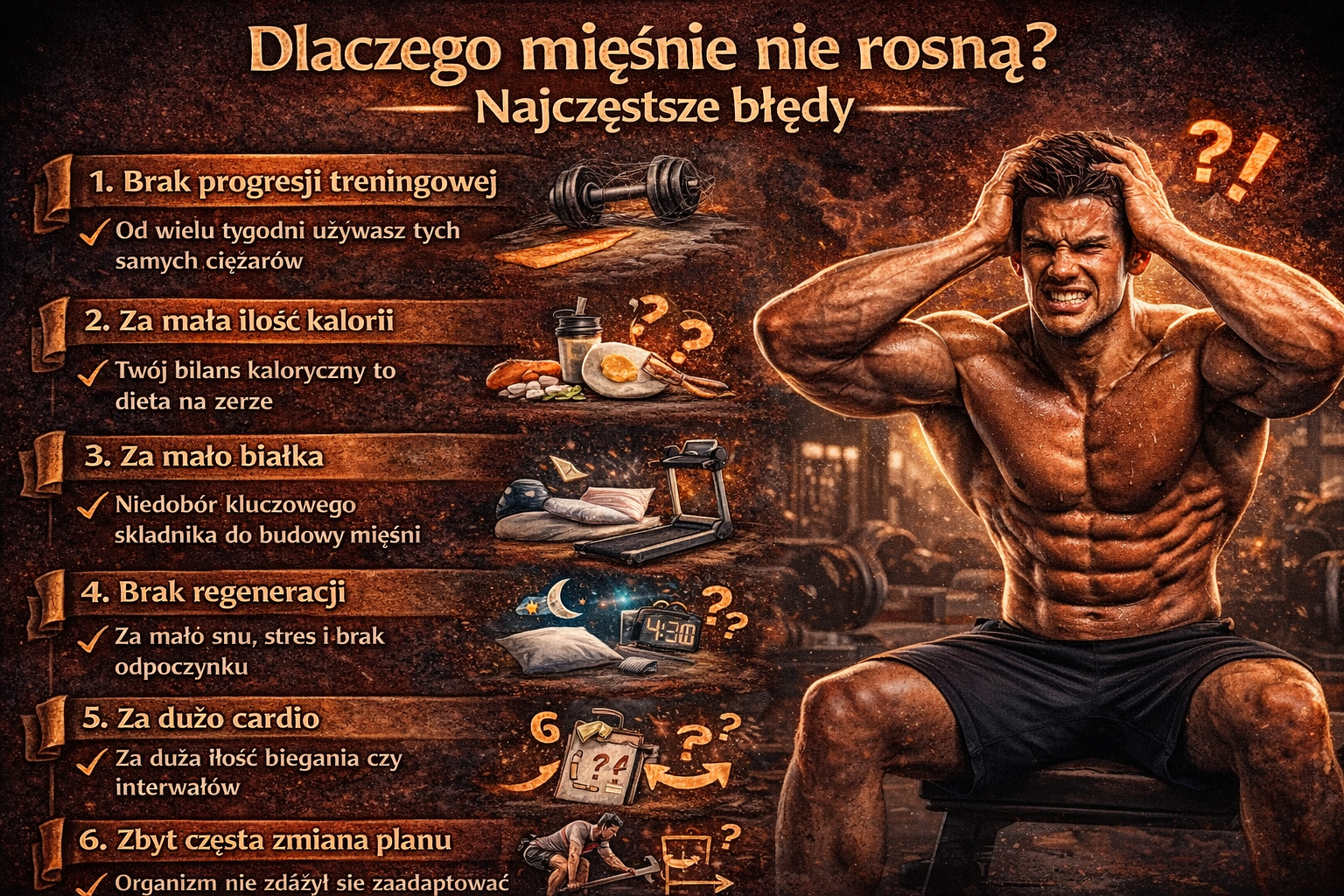 Infografika przedstawiająca najczęstsze powody, dlaczego mięśnie nie rosną – brak progresji treningowej, za mało kalorii i białka, niedostateczna regeneracja, nadmiar cardio oraz zbyt częste zmiany planu.