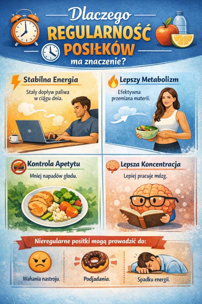 Infografika wyjaśniająca, dlaczego regularność posiłków ma znaczenie, przedstawiająca korzyści takie jak stabilna energia, lepszy metabolizm, kontrola apetytu i lepsza koncentracja oraz skutki nieregularnego jedzenia.