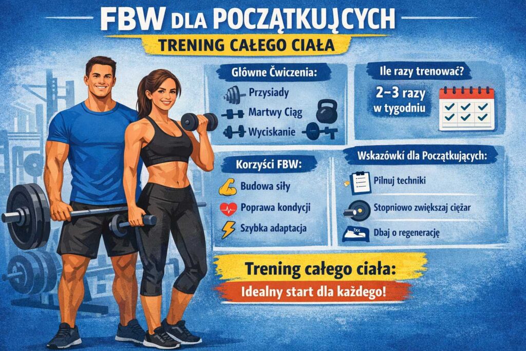 FBW dla początkujących – infografika przedstawiająca trening całego ciała, główne ćwiczenia, częstotliwość 2–3 razy w tygodniu oraz korzyści i wskazówki dla osób zaczynających siłownię