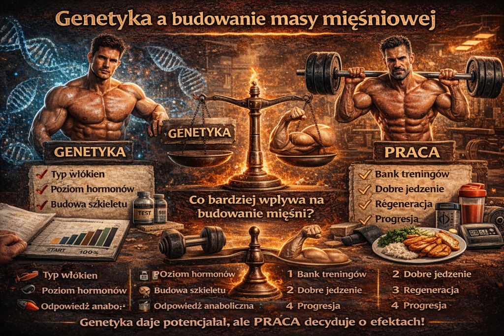 Infografika przedstawiająca zależność genetyka a budowanie masy mięśniowej – porównanie czynników genetycznych, takich jak typ włókien i poziom hormonów, z rolą treningu, diety, regeneracji i progresji.