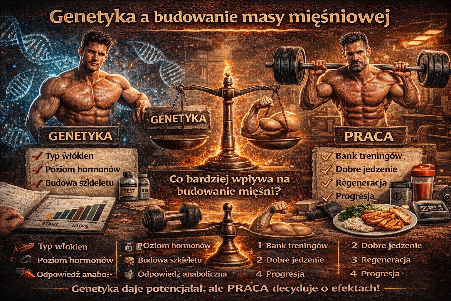 Infografika przedstawiająca zależność genetyka a budowanie masy mięśniowej – porównanie czynników genetycznych, takich jak typ włókien i poziom hormonów, z rolą treningu, diety, regeneracji i progresji.