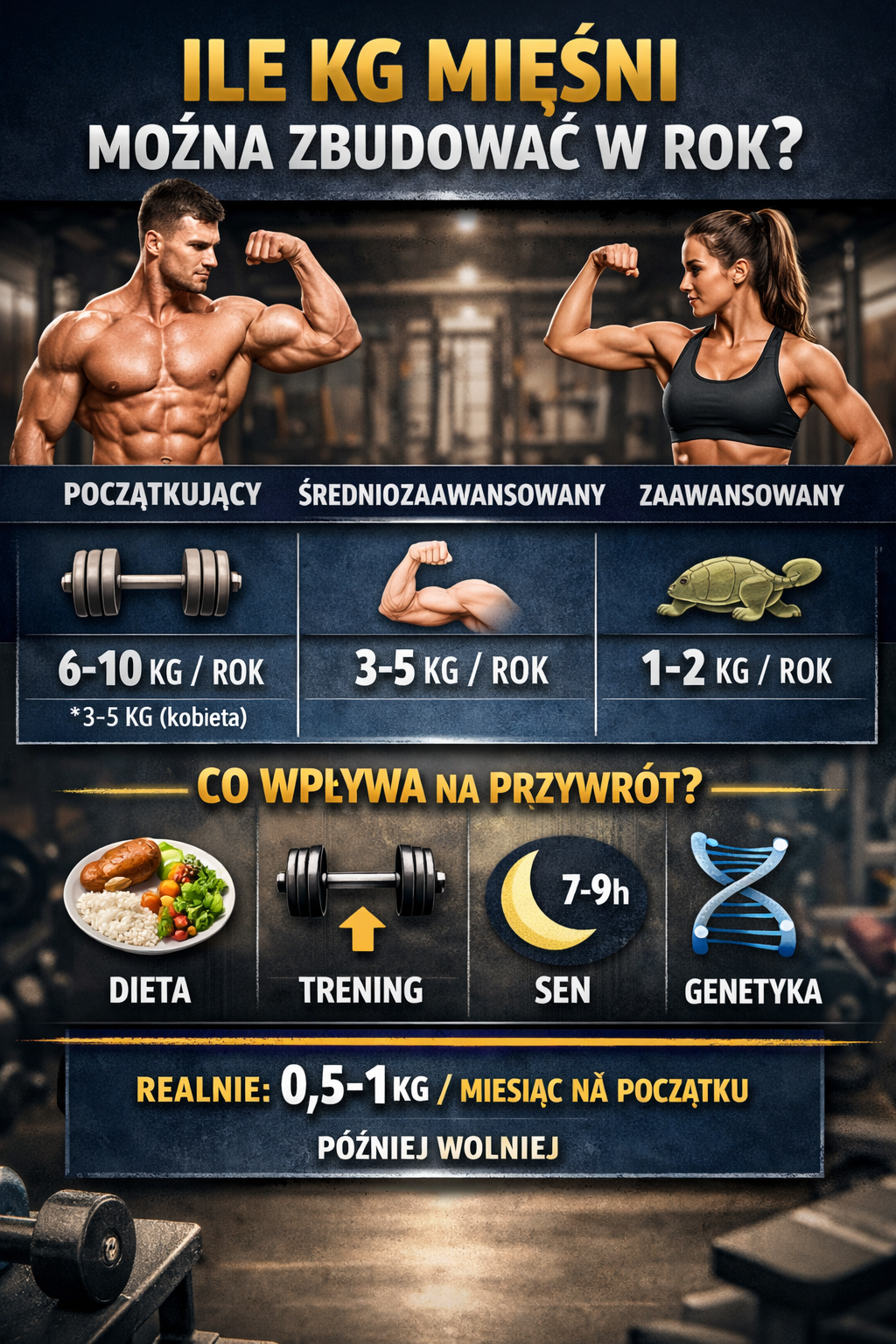 Infografika przedstawiająca ile kg mięśni można zbudować w rok – porównanie poziomu początkującego, średniozaawansowanego i zaawansowanego oraz czynniki wpływające na tempo przyrostu, takie jak dieta, trening, sen i genetyka.