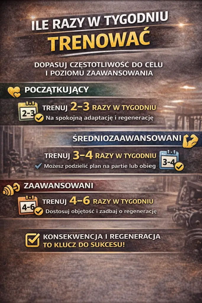 Ile razy w tygodniu trenować – infografika pokazująca zalecaną częstotliwość treningów dla początkujących, średniozaawansowanych i zaawansowanych wraz z informacją o znaczeniu regeneracji