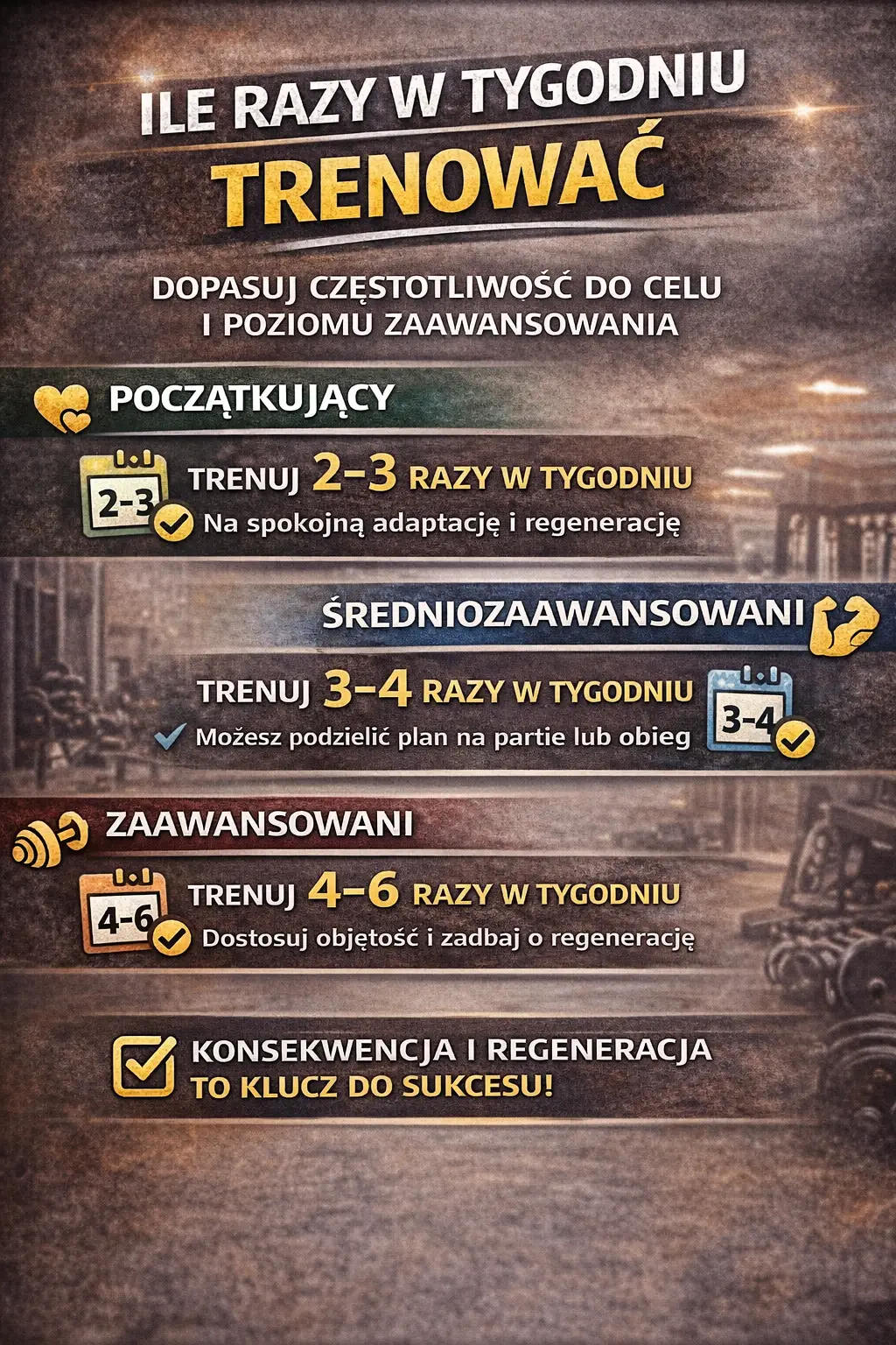 Ile razy w tygodniu trenować – infografika pokazująca zalecaną częstotliwość treningów dla początkujących, średniozaawansowanych i zaawansowanych wraz z informacją o znaczeniu regeneracji
