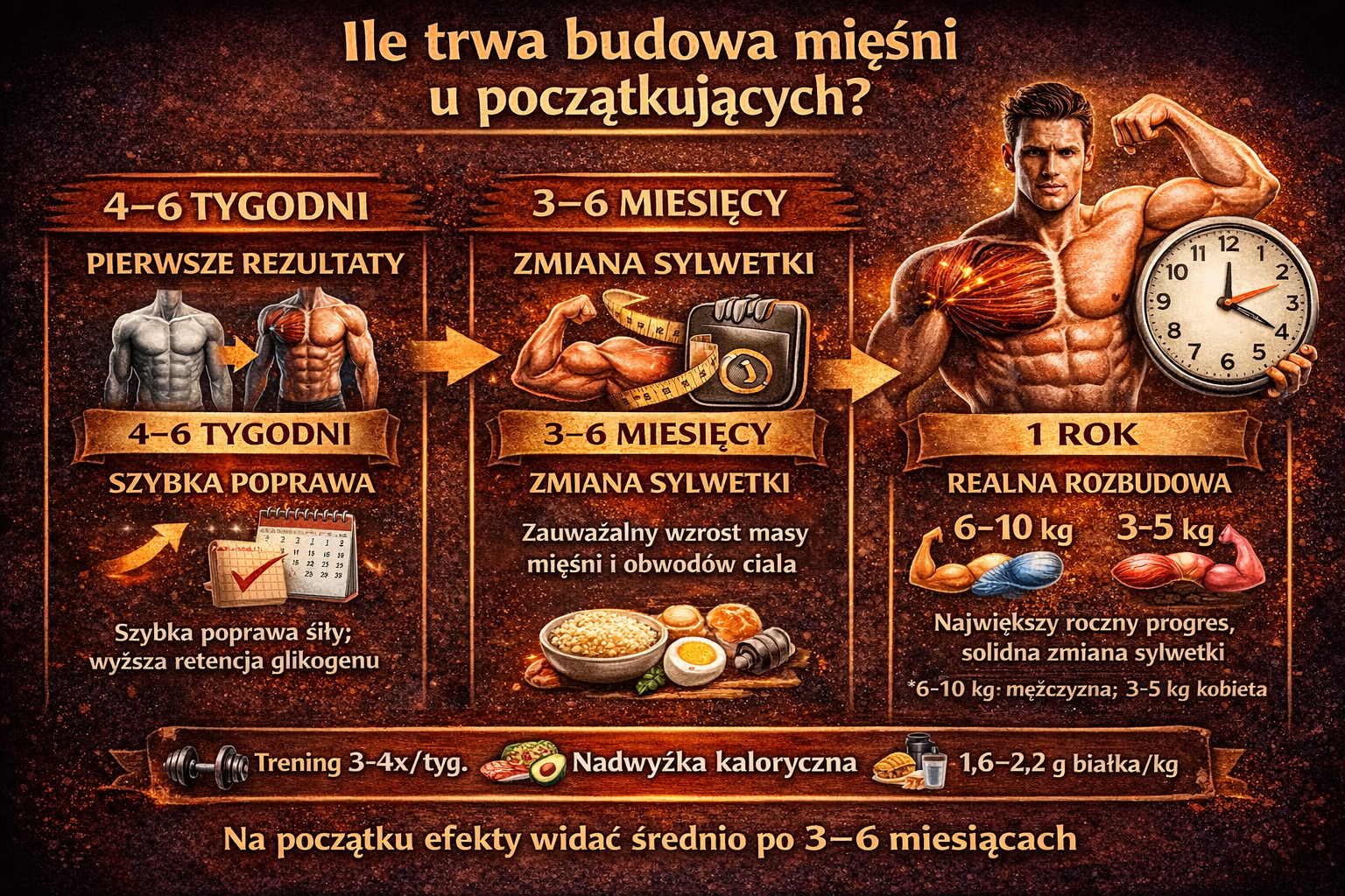 Infografika pokazująca ile trwa budowa mięśni u początkujących – etapy progresu od 4–6 tygodni przez 3–6 miesięcy aż do roku, z uwzględnieniem treningu, diety i przyrostu masy mięśniowej.