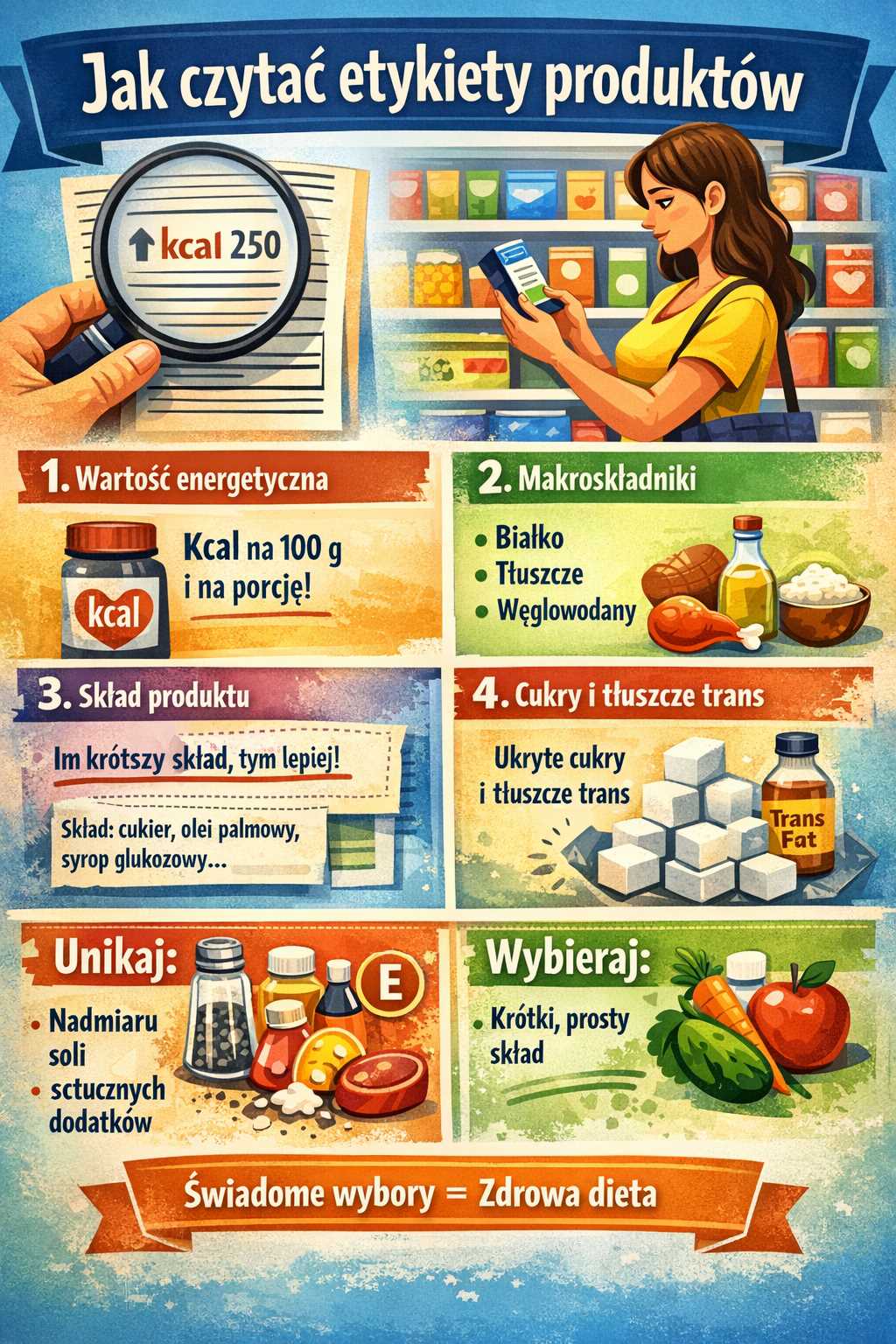 Infografika pokazująca jak czytać etykiety produktów – analiza kalorii na 100 g, makroskładników, składu, ukrytych cukrów i tłuszczów trans oraz wskazówki dotyczące świadomych zakupów.