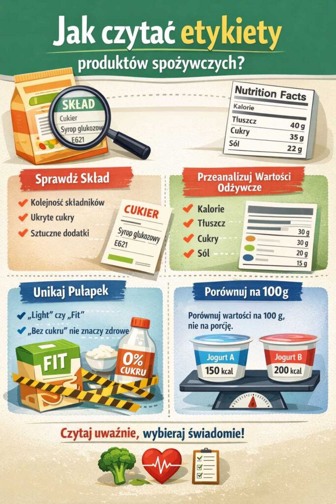 Infografika pokazująca jak czytać etykiety produktów spożywczych – analiza składu, wartości odżywczych, ukrytych cukrów, soli oraz porównywanie produktów na 100 g w celu świadomego wyboru podczas zakupów.
