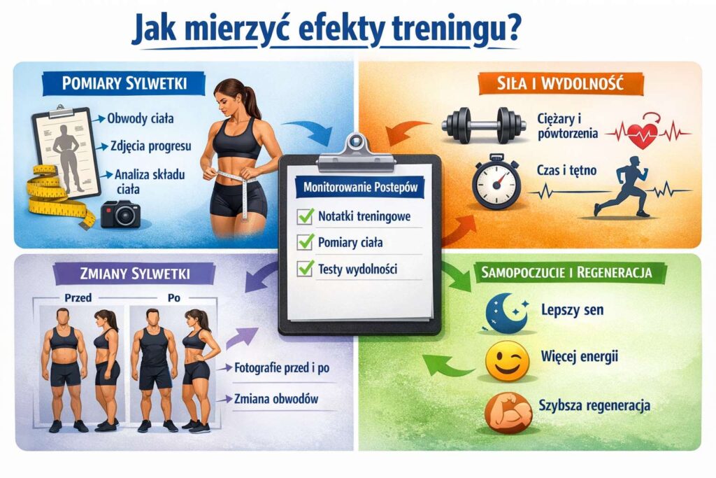 Jak mierzyć efekty treningu – infografika przedstawiająca pomiary sylwetki, siłę i wydolność, monitorowanie postępów oraz wpływ treningu na regenerację i samopoczucie