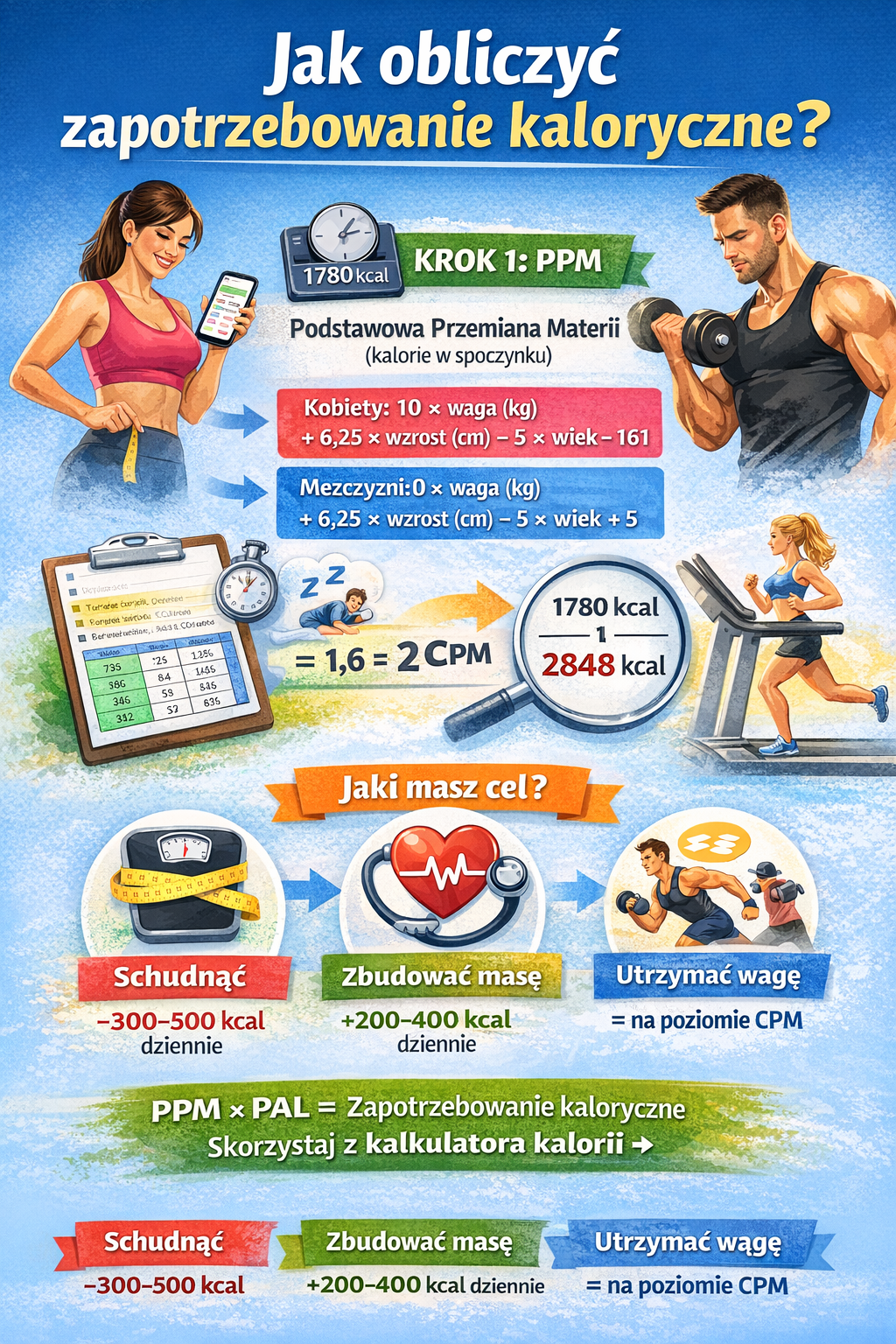 Infografika pokazująca jak obliczyć zapotrzebowanie kaloryczne – wzór na PPM dla kobiet i mężczyzn, mnożnik aktywności PAL, obliczenie CPM oraz podział kalorii na redukcję, budowę masy i utrzymanie wagi.