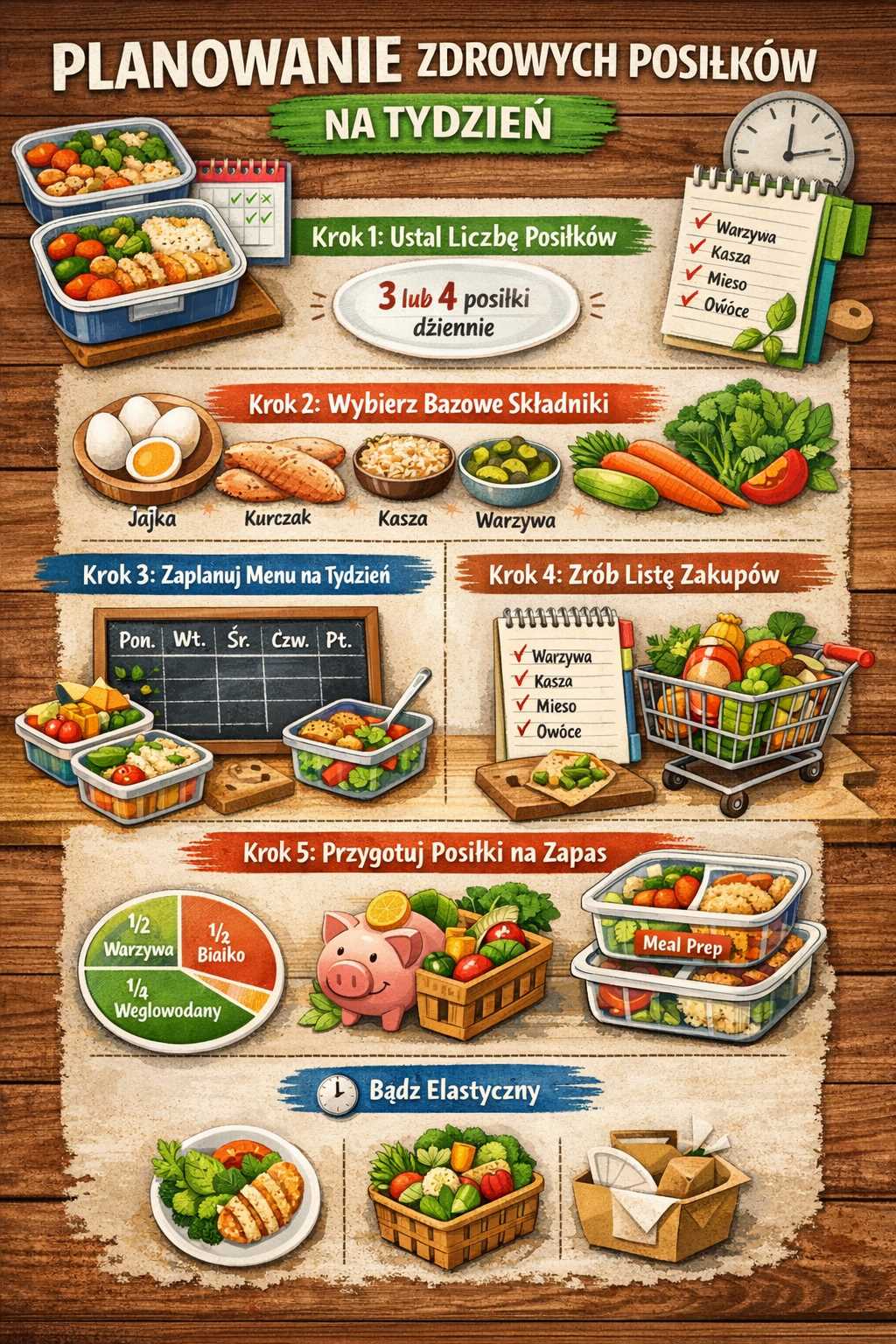 Infografika przedstawiająca jak planować zdrowe posiłki na tydzień krok po kroku – ustalenie liczby posiłków, wybór bazowych składników, plan menu, lista zakupów oraz przygotowanie posiłków na zapas zgodnie z zasadą podziału talerza.