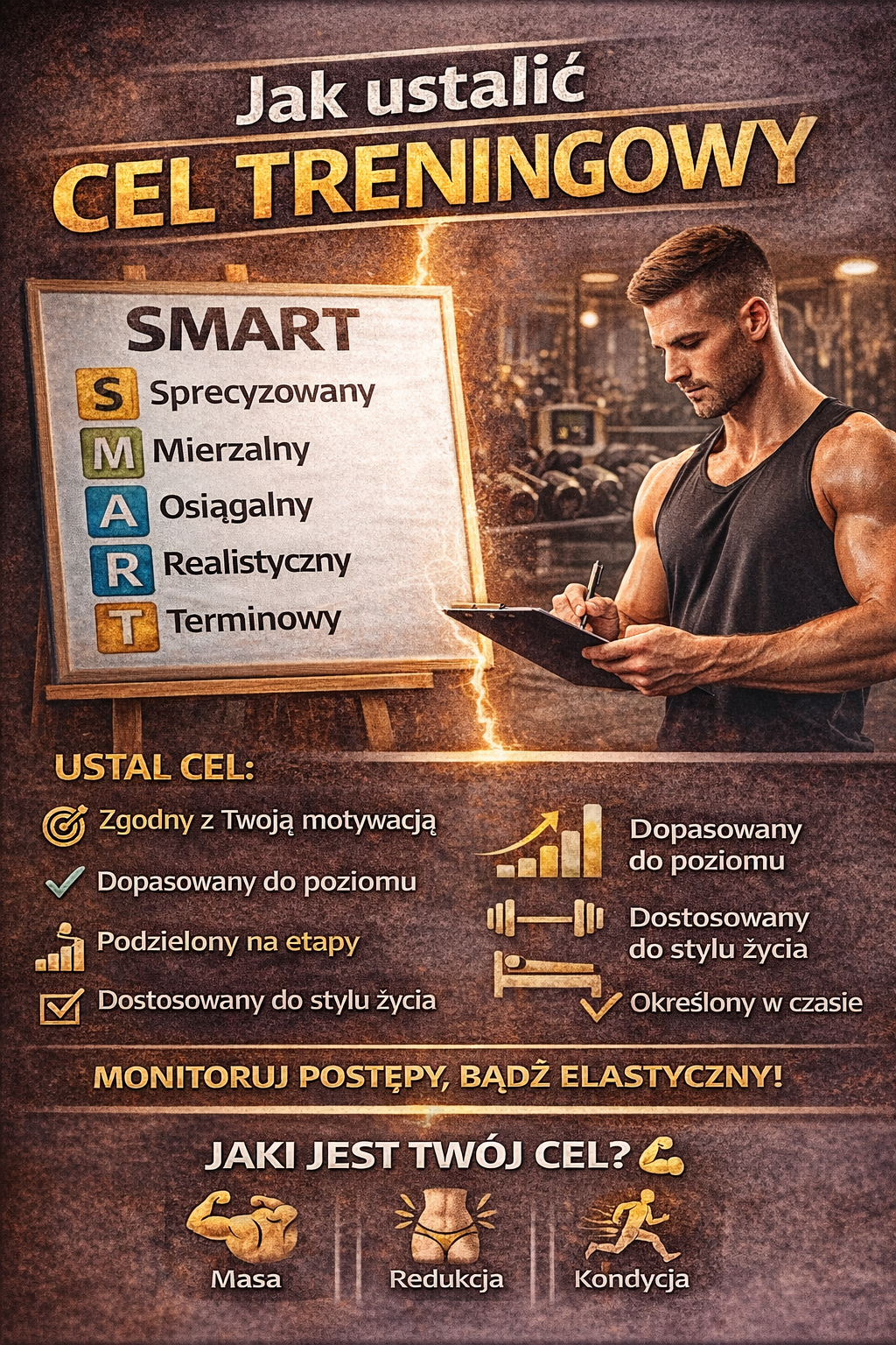 Jak ustalić cel treningowy – infografika przedstawiająca metodę SMART oraz wskazówki dotyczące planowania celu treningowego, monitorowania postępów i dopasowania planu do poziomu oraz stylu życia