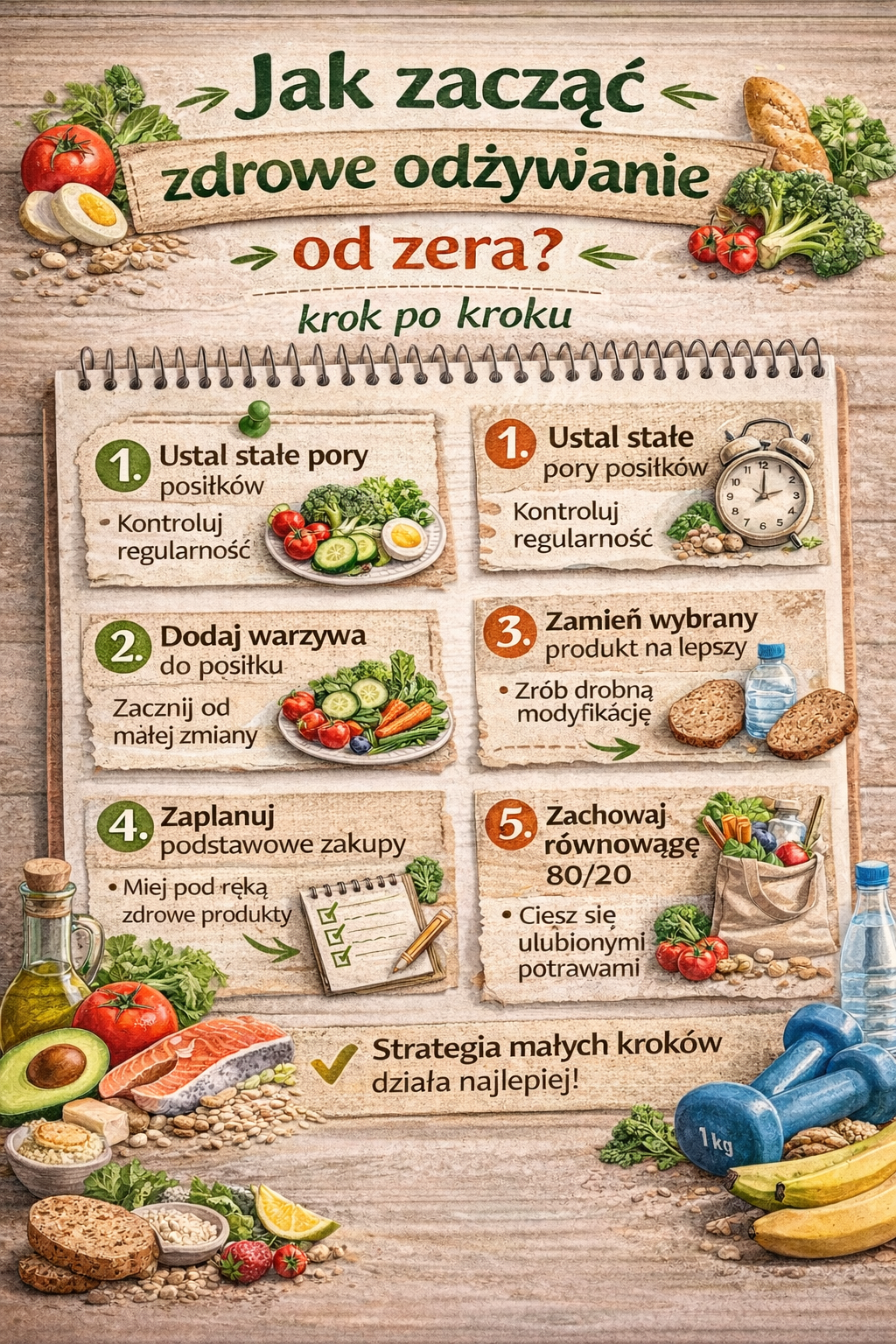 Infografika przedstawiająca jak zacząć zdrowe odżywianie od zera krok po kroku – regularne posiłki, dodawanie warzyw, zamianę produktów na lepsze, planowanie zakupów oraz zasadę równowagi 80/20.
