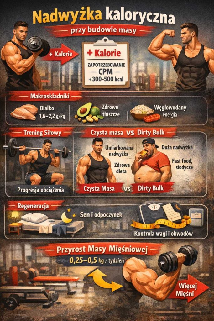 Infografika przedstawiająca nadwyżkę kaloryczną przy budowie masy – zwiększenie kalorii o 300–500 kcal, podział makroskładników, trening siłowy, regenerację oraz porównanie czystej masy i dirty bulk.
