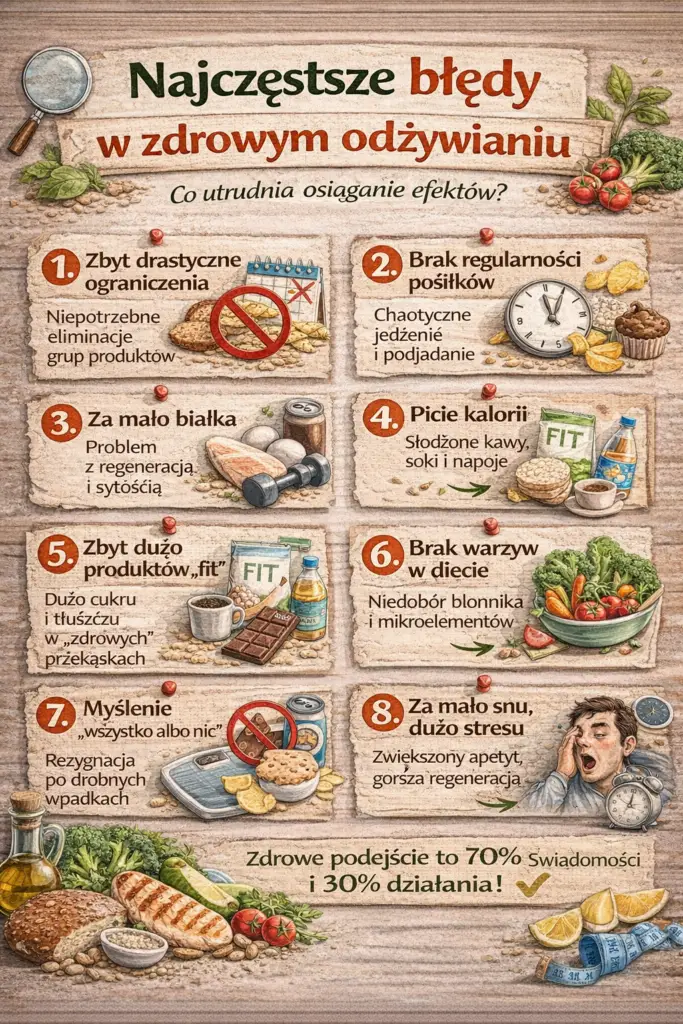 Infografika przedstawiająca najczęstsze błędy w zdrowym odżywianiu, takie jak zbyt drastyczne ograniczenia, brak regularności posiłków, picie kalorii, nadmiar produktów fit, niedobór warzyw oraz brak snu i nadmiar stresu.