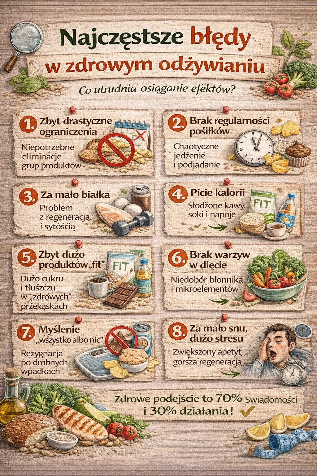 Infografika przedstawiająca najczęstsze błędy w zdrowym odżywianiu, takie jak zbyt drastyczne ograniczenia, brak regularności posiłków, picie kalorii, nadmiar produktów fit, niedobór warzyw oraz brak snu i nadmiar stresu.