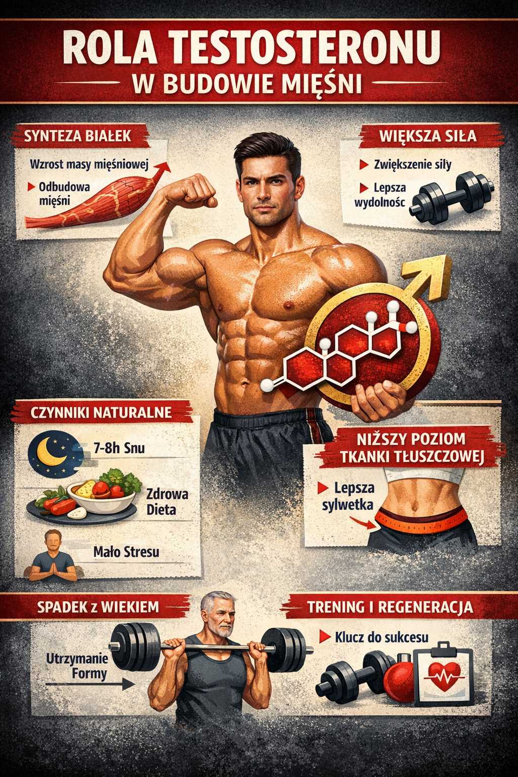 Infografika przedstawiająca rolę testosteronu w budowie mięśni – wpływ na syntezę białek, wzrost siły, regenerację, poziom tkanki tłuszczowej oraz naturalne czynniki wspierające produkcję hormonu.