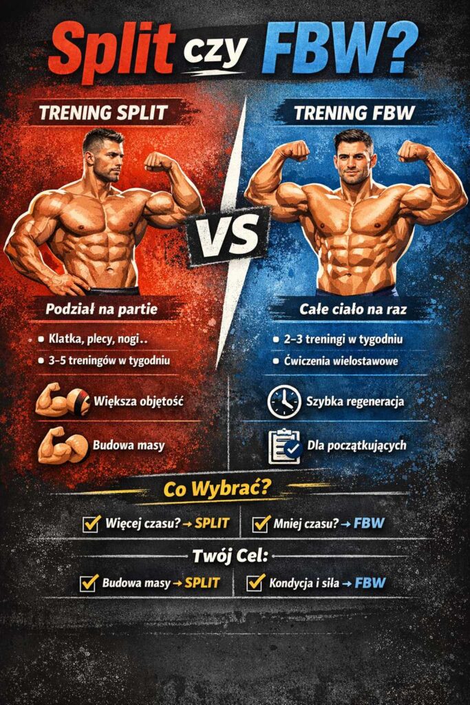 Split czy FBW – infografika porównująca trening dzielony i trening całego ciała, obejmująca częstotliwość, objętość, regenerację oraz cele takie jak budowa masy i poprawa kondycji