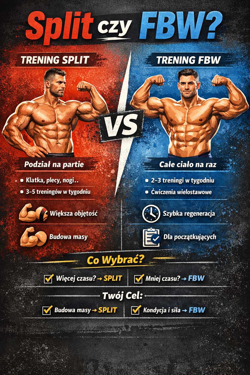 Split czy FBW – infografika porównująca trening dzielony i trening całego ciała, obejmująca częstotliwość, objętość, regenerację oraz cele takie jak budowa masy i poprawa kondycji