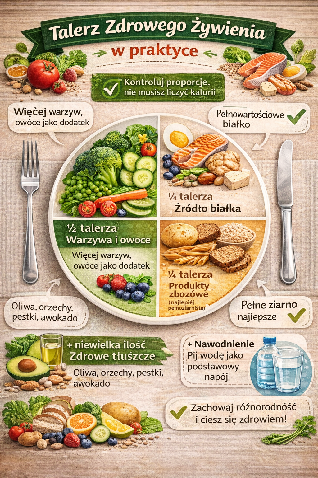 Infografika przedstawiająca talerz zdrowego żywienia w praktyce z podziałem na warzywa i owoce, źródło białka, produkty zbożowe pełnoziarniste, zdrowe tłuszcze oraz zalecenie picia wody.
