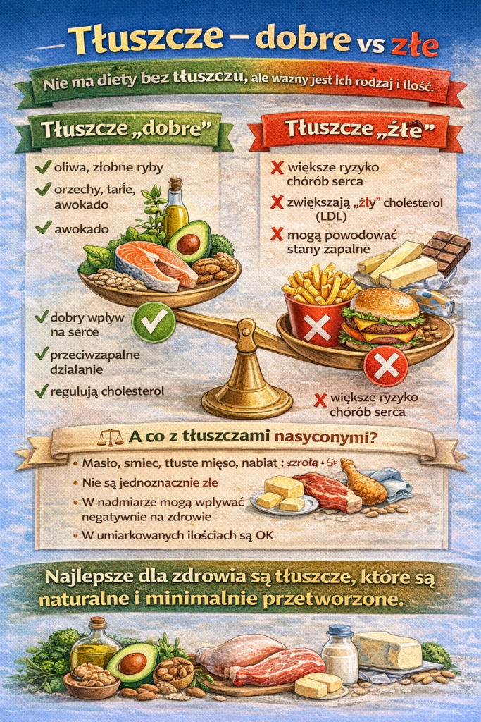 Infografika porównująca tłuszcze dobre i złe – po jednej stronie zdrowe tłuszcze nienasycone jak oliwa, ryby i orzechy, po drugiej tłuszcze trans i fast food oraz wyjaśnienie wpływu na cholesterol i serce.