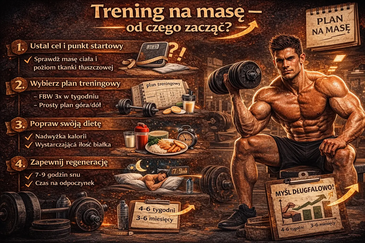 Infografika pokazująca trening na masę – od czego zacząć, obejmująca ustalenie celu, wybór planu treningowego, nadwyżkę kaloryczną, odpowiednią ilość białka oraz regenerację i sen.