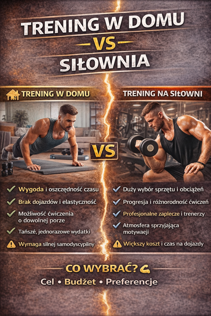 Trening w domu vs siłownia – infografika porównująca zalety i wady ćwiczeń w domu oraz na siłowni, w tym wygodę, koszty, sprzęt i motywację