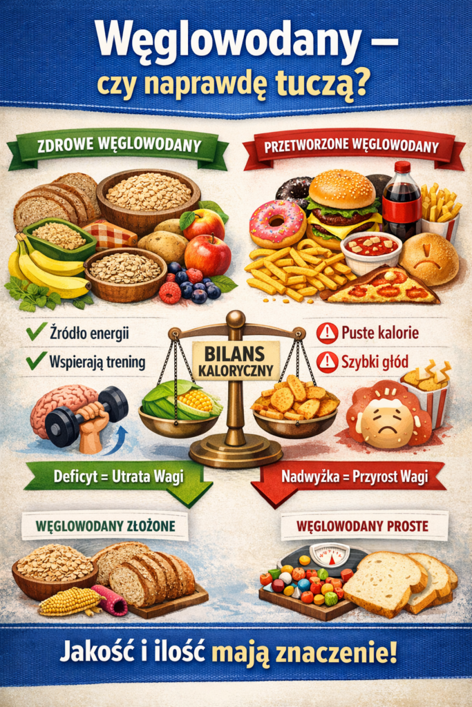 Infografika wyjaśniająca, czy węglowodany naprawdę tuczą – porównanie zdrowych i przetworzonych źródeł węglowodanów, wpływ bilansu kalorycznego oraz różnice między węglowodanami złożonymi i prostymi.