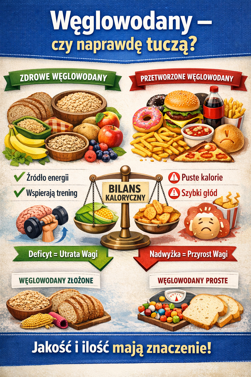 Infografika wyjaśniająca, czy węglowodany naprawdę tuczą – porównanie zdrowych i przetworzonych źródeł węglowodanów, wpływ bilansu kalorycznego oraz różnice między węglowodanami złożonymi i prostymi.
