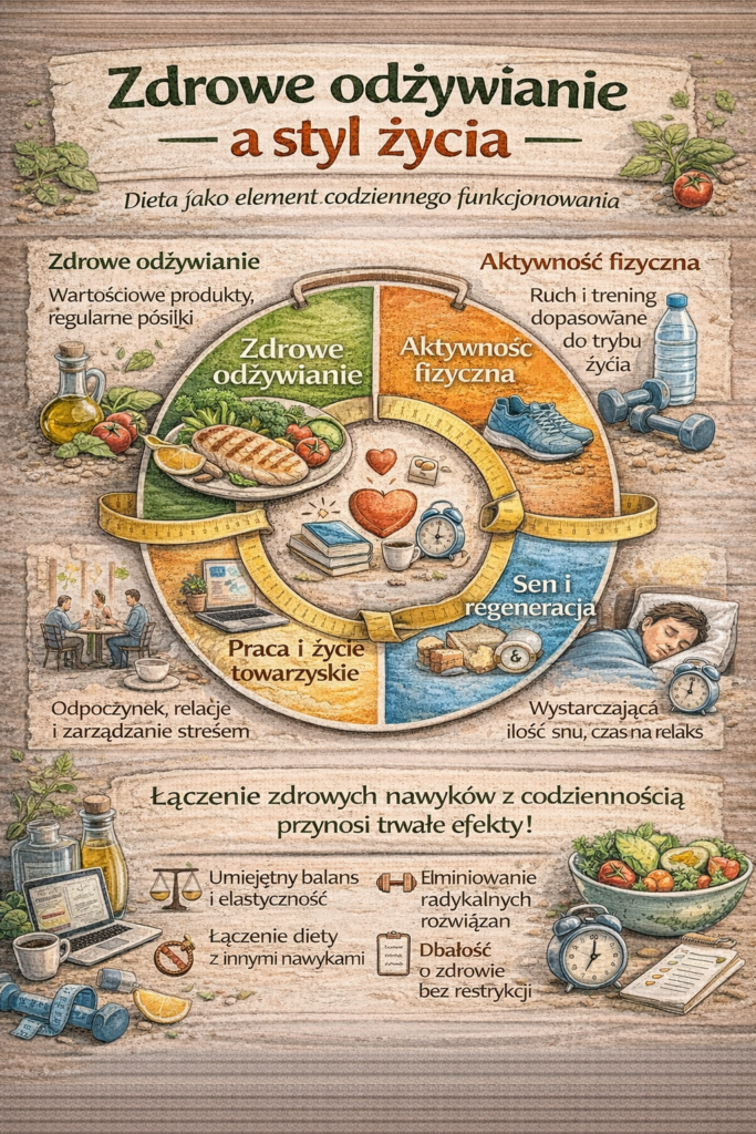 Infografika przedstawiająca zależność między zdrowym odżywianiem a stylem życia, uwzględniająca dietę, aktywność fizyczną, sen, regenerację oraz równowagę między pracą a życiem prywatnym.
