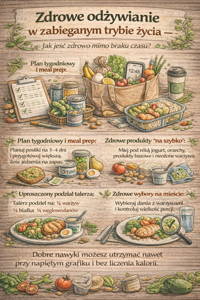 Infografika przedstawiająca zdrowe odżywianie w zabieganym trybie życia, zawierająca wskazówki dotyczące planowania posiłków, meal prep, szybkich zdrowych produktów, podziału talerza oraz świadomych wyborów na mieście.