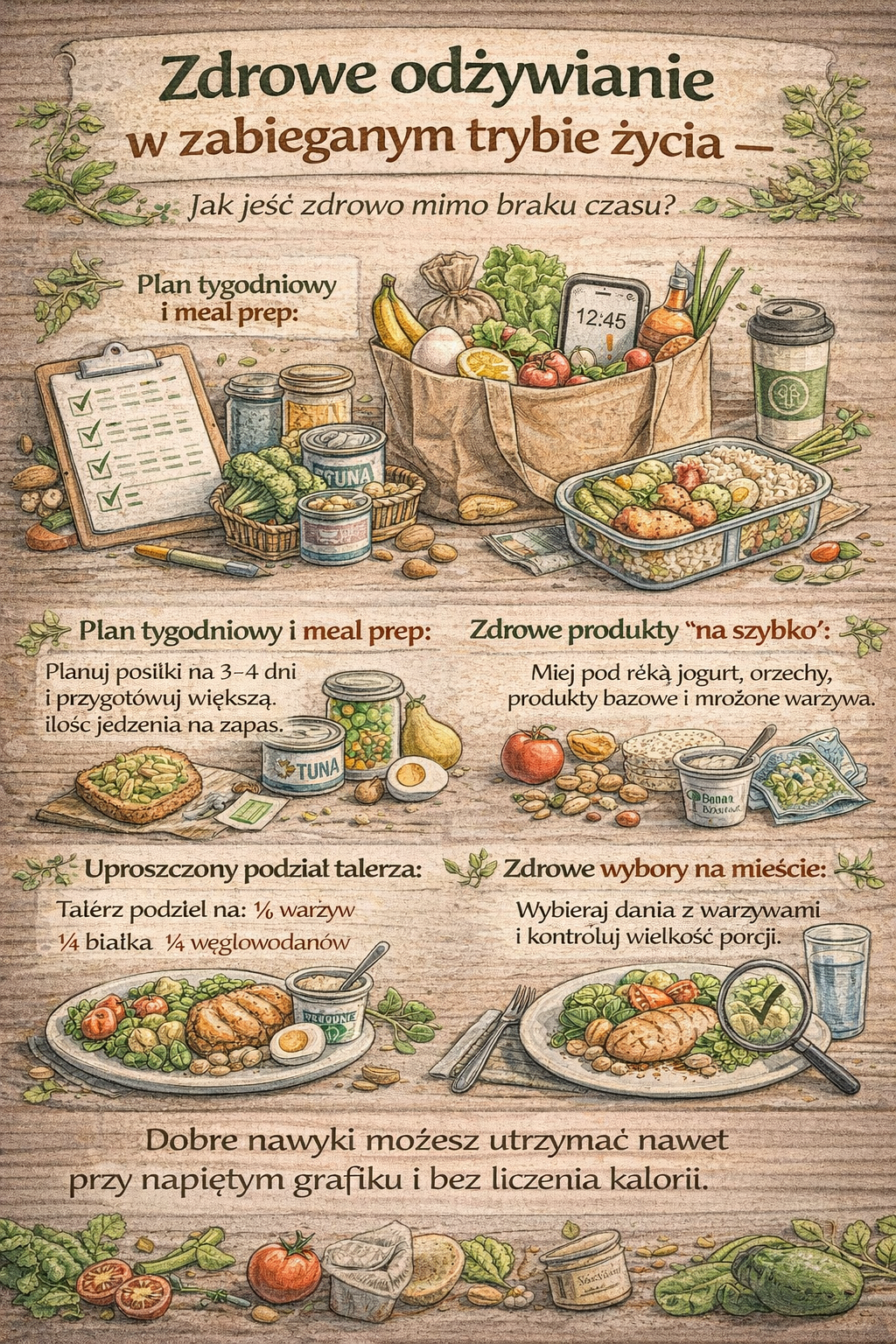 Infografika przedstawiająca zdrowe odżywianie w zabieganym trybie życia, zawierająca wskazówki dotyczące planowania posiłków, meal prep, szybkich zdrowych produktów, podziału talerza oraz świadomych wyborów na mieście.
