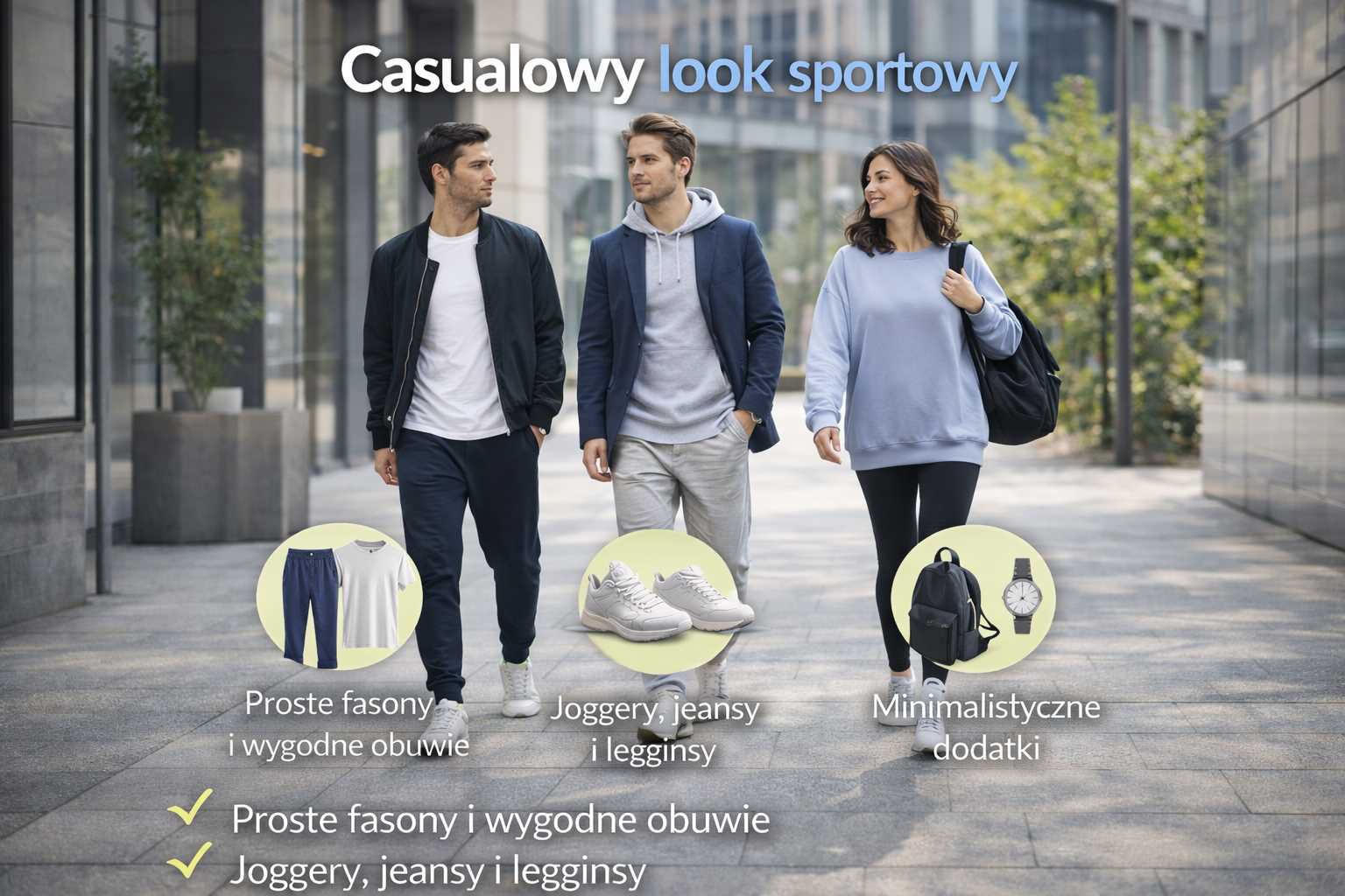Casualowy look sportowy – kobieta i dwóch mężczyzn w miejskich stylizacjach z joggerami, bluzą, marynarką i sneakersami w nowoczesnej przestrzeni miejskiej.