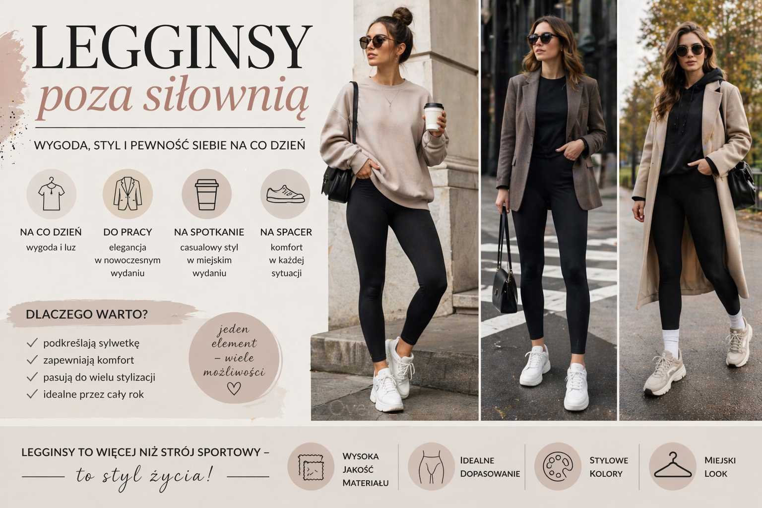 Legginsy poza siłownią – kobieta w czarnych legginsach w trzech stylizacjach: casualowej z bluzą, eleganckiej z marynarką oraz miejskiej z płaszczem i sneakersami.