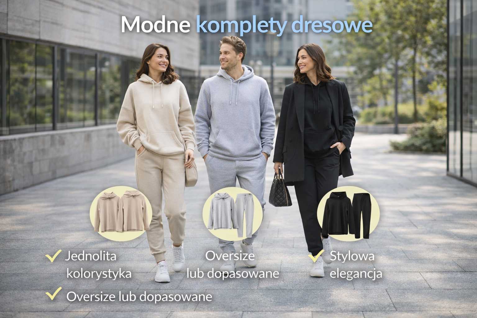 Modne komplety dresowe – kobieta i mężczyzna w beżowym oraz szarym komplecie dresowym oraz kobieta w czarnym zestawie z płaszczem w nowoczesnej, miejskiej scenerii.