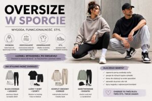 Oversize w sporcie – kobieta w luźnej bluzie i legginsach oraz mężczyzna w szerokim t-shircie i joggerach w nowoczesnej, miejskiej stylizacji treningowej.