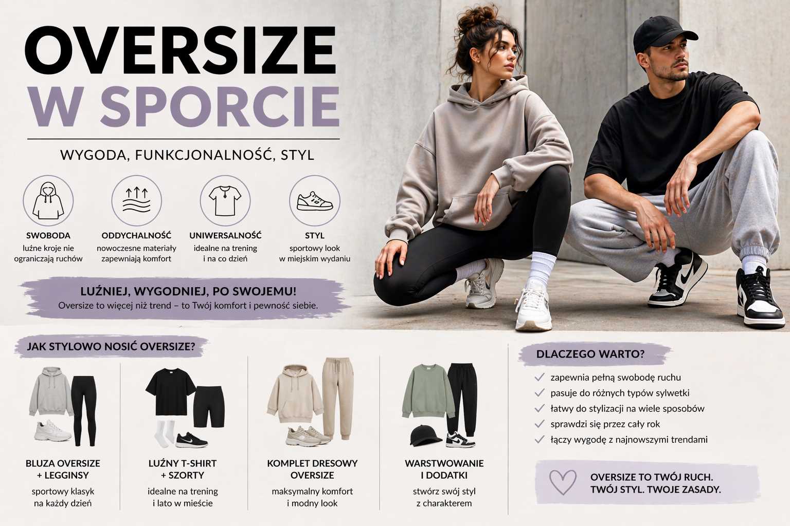 Oversize w sporcie – kobieta w luźnej bluzie i legginsach oraz mężczyzna w szerokim t-shircie i joggerach w nowoczesnej, miejskiej stylizacji treningowej.