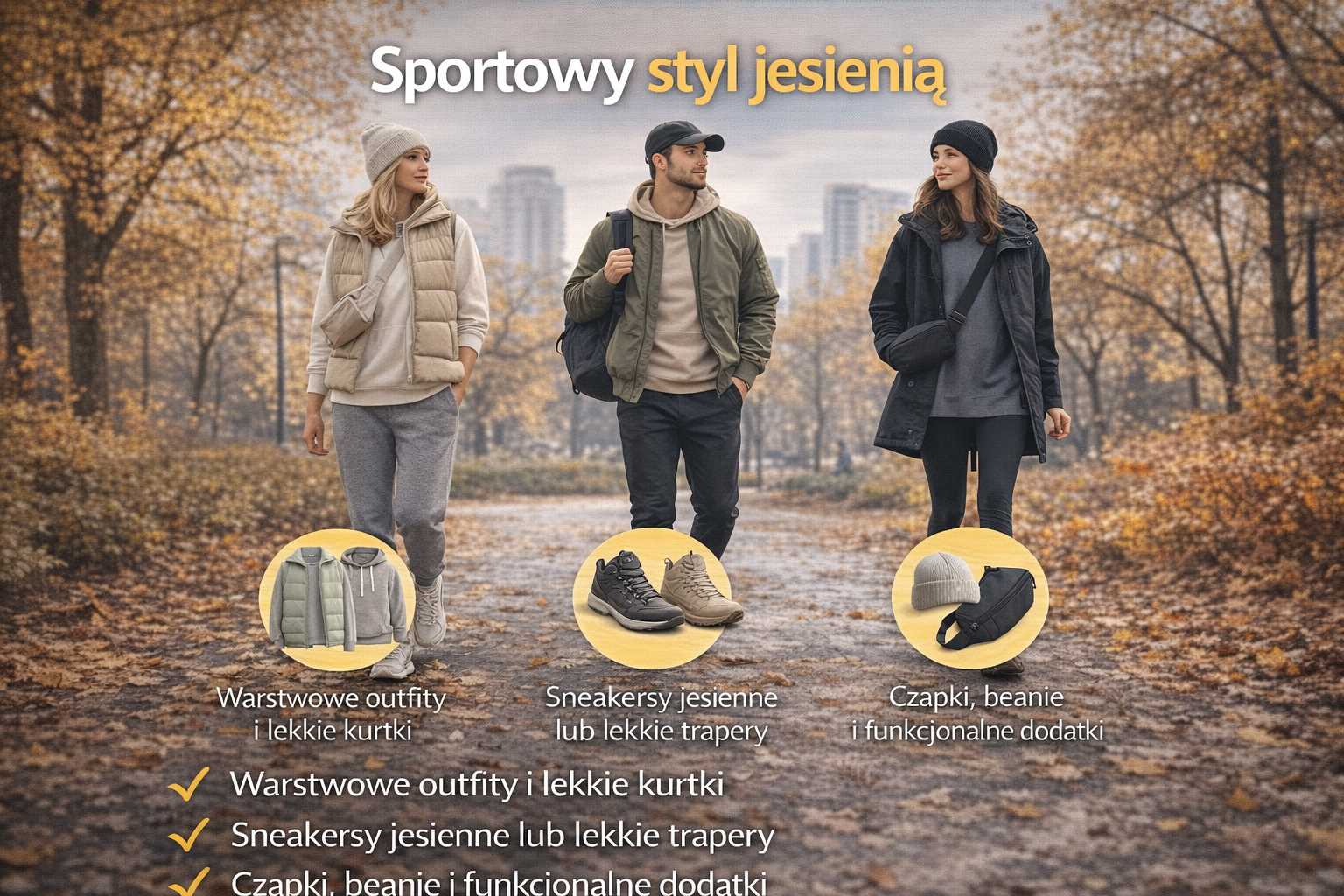 Sportowy styl jesienią – kobiety i mężczyzna w warstwowych outfitach z lekkimi kurtkami, joggerami i jesiennymi sneakersami w parkowej, złotej scenerii.