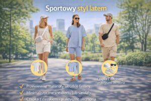 Sportowy styl latem – kobiety i mężczyzna w lekkich kompletach, szortach i t-shirtach z minimalistycznymi sneakersami oraz czapką z daszkiem w słonecznej, miejskiej scenerii.