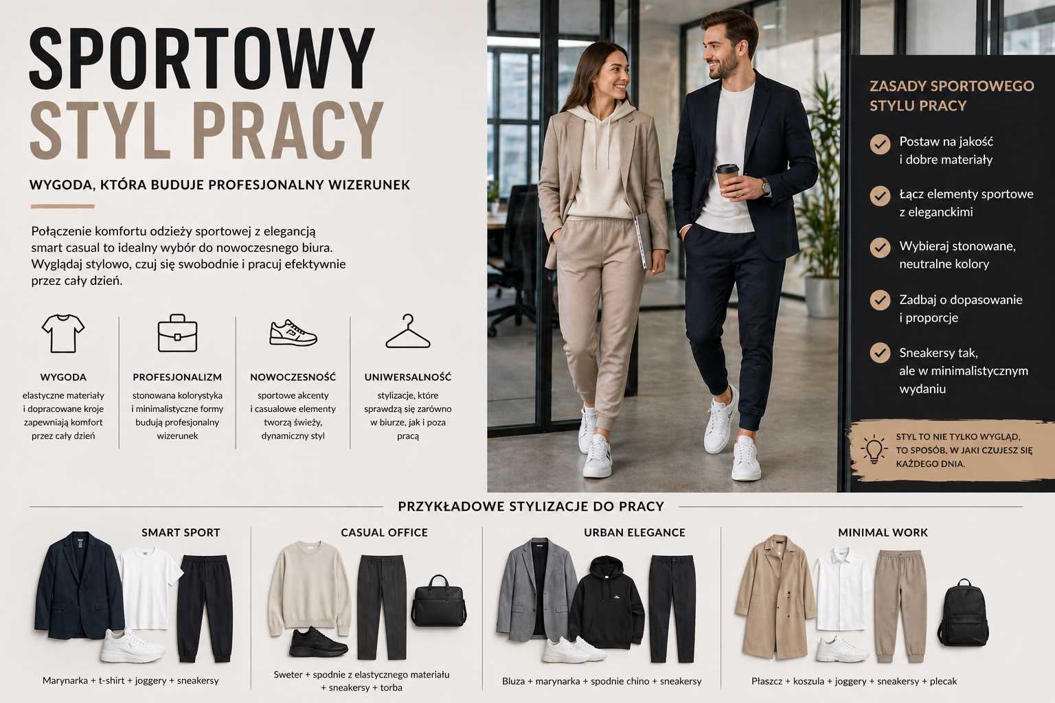 Sportowy styl pracy – kobieta w beżowym komplecie z marynarką i sneakersami oraz mężczyzna w granatowej marynarce, t-shircie i joggerach w nowoczesnym biurze.