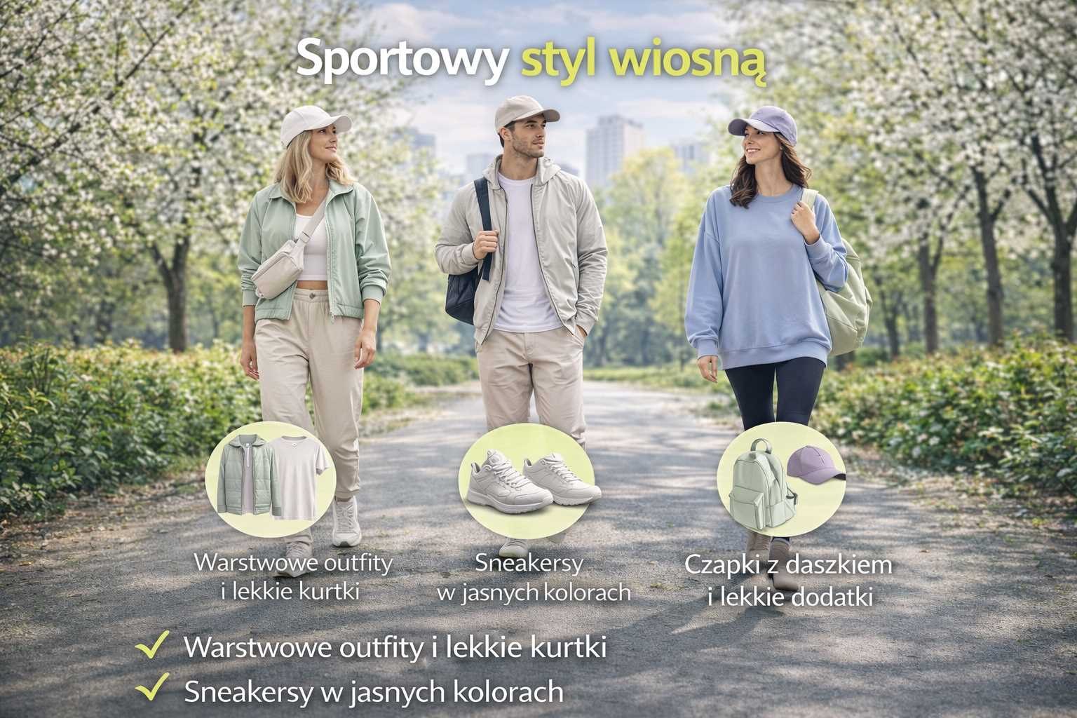 Sportowy styl wiosną – dwie kobiety i mężczyzna w lekkich kurtkach, bluzach i jasnych sneakersach spacerujący wśród kwitnących drzew w miejskim parku.