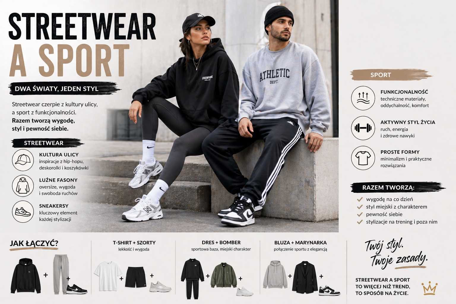 Streetwear a sport – kobieta w oversize’owej bluzie i legginsach oraz mężczyzna w sportowej bluzie i joggerach siedzący w miejskiej scenerii, prezentujący połączenie stylu ulicznego i odzieży sportowej.